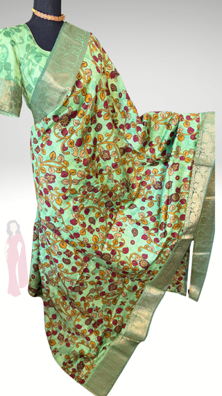 Handwoven pen kalamkari printed of kind silk saree  online and prestitched blouse