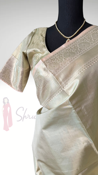 Handloom Kanjivaram silver tissue pure  kanchi pattu saree pastel pink online shopping with prestitched blouse usa