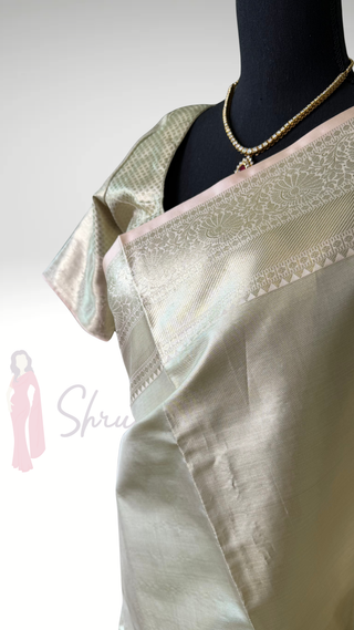 Handloom Kanjivaram silver tissue pure  kanchi pattu saree pastel pink online shopping with prestitched blouse usa