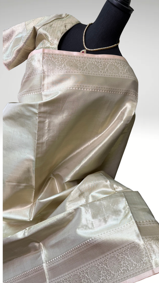 Handloom Kanjivaram silver tissue pure  kanchi pattu saree pastel pink online shopping with prestitched blouse usa