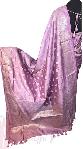 Pure  Lavender Chinya  silk sarees with stitched blouse Partywear silk saree with zari borders