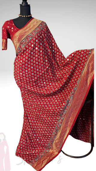 Handloom munga silk ajarakh hand block print mirror with zari borders easy drape saree pallu silk with stitched blouse