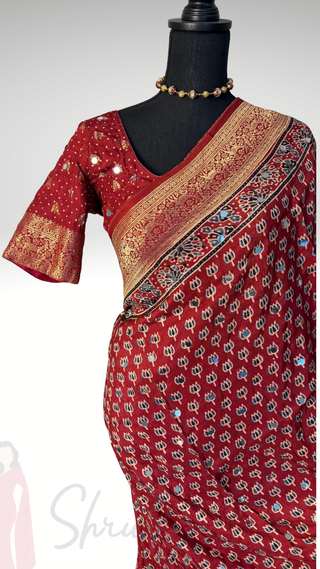 Handloom munga silk ajarakh hand block print mirror with zari borders easy drape saree pallu silk with stitched blouse