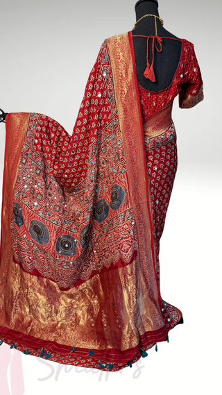 Handloom munga silk ajarakh hand block print mirror with zari borders easy drape saree pallu silk with stitched blouse