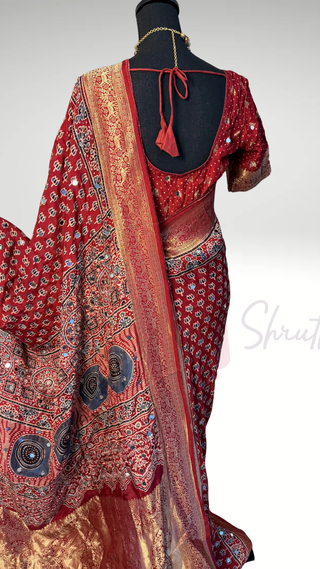 Handloom munga silk ajarakh hand block print mirror with zari borders easy drape saree pallu silk with stitched blouse