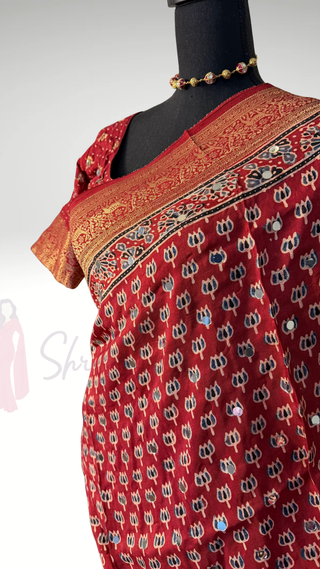 Handloom munga silk ajarakh hand block print mirror with zari borders easy drape saree pallu silk with stitched blouse