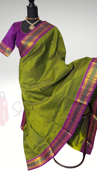 Handloom silk cotton saree checks with stitched blouse chettinad silk zari borders silk cotton saree