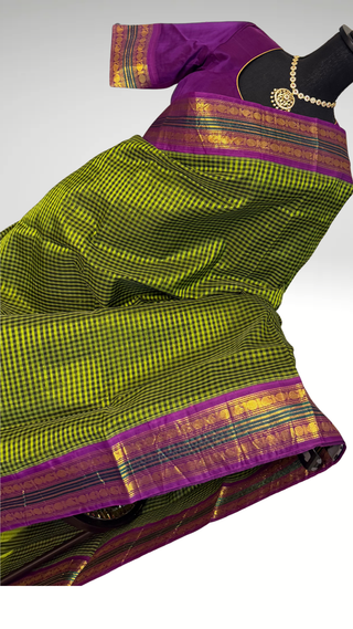 Handloom silk cotton saree checks with stitched blouse chettinad silk zari borders silk cotton saree
