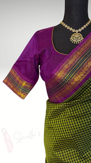 Handloom silk cotton saree checks with stitched blouse chettinad silk zari borders silk cotton saree