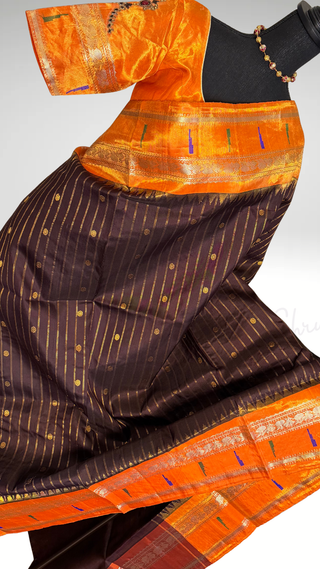 Pure Tissue Gadwal saree coffee brown saree  Gadwal with stitched blouse silk  saree pure silver zari tissue borders silk saree