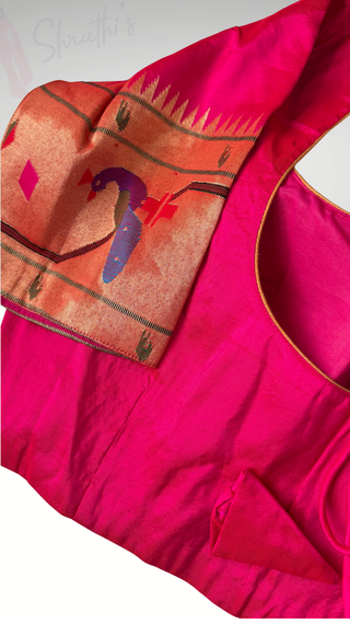 Pink silk blouse Gold pure zari birder Paithani blouse online usa silk blouses ready to wear online shopping blouse online