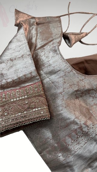 Pure beneras Rose gold silk blouse with white silk silk finish pallu with embroidered-stitched blouse
