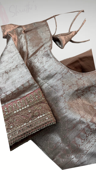 Pure beneras Rose gold silk blouse with white silk silk finish pallu with embroidered-stitched blouse