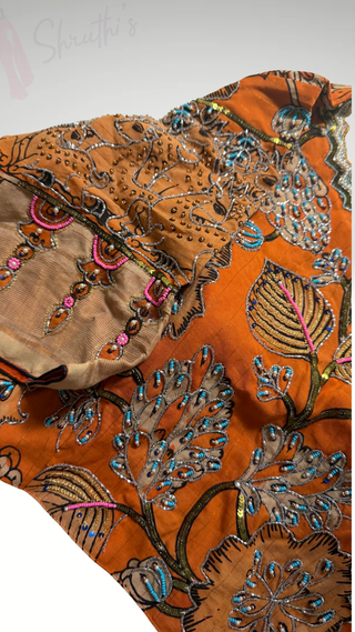Pure orange hand painted pen kalamkari stitched blouses