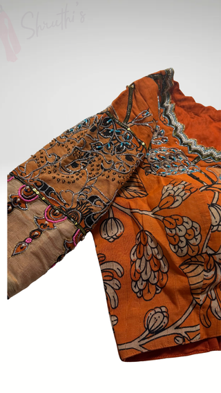 Pure orange hand painted pen kalamkari stitched blouses