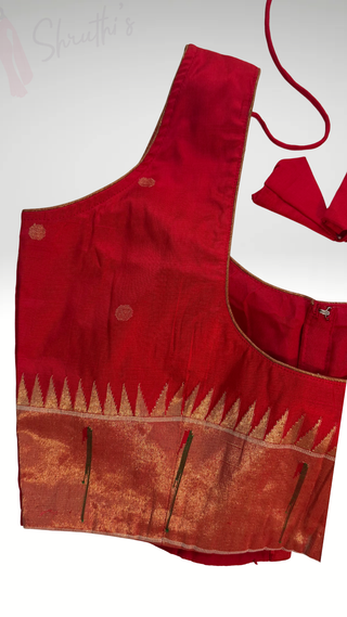 Red paithani sleeveless silk blouse Gold brocade pure zari Paithani blouse online usa silk blouses ready to wear online shopping blouse online front open