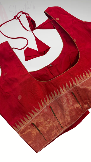 Red paithani sleeveless silk blouse Gold brocade pure zari Paithani blouse online usa silk blouses ready to wear online shopping blouse online front open