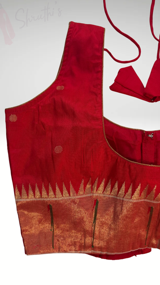 Red paithani sleeveless silk blouse Gold brocade pure zari Paithani blouse online usa silk blouses ready to wear online shopping blouse online front open