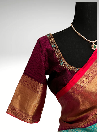 Traditinal Indian Bridal Sea Green  purple brocade  hand woven Gold kanchi pattu saree brocade fine weave kanchi pattu bridal