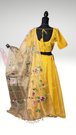 Canary yellow tissue pure zari Kota lehenga with stitched blouse hand painted tissue Kota dupatta