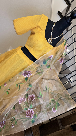 Canary yellow tissue pure zari Kota lehenga with stitched blouse hand painted tissue Kota dupatta