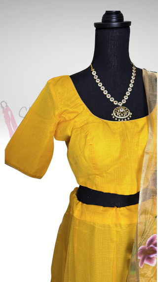 Canary yellow tissue pure zari Kota lehenga with stitched blouse hand painted tissue Kota dupatta