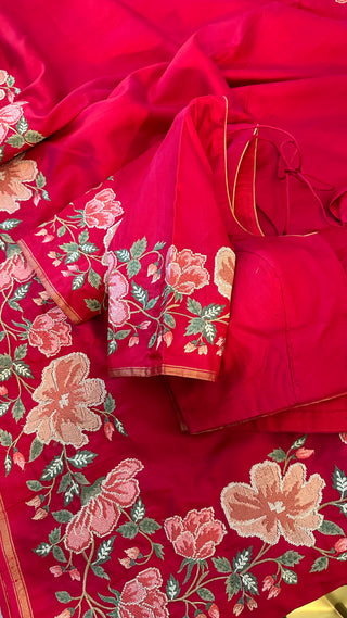 Partywear Easy drape Pink soft silk pure embroidered silk handwoven blouse border