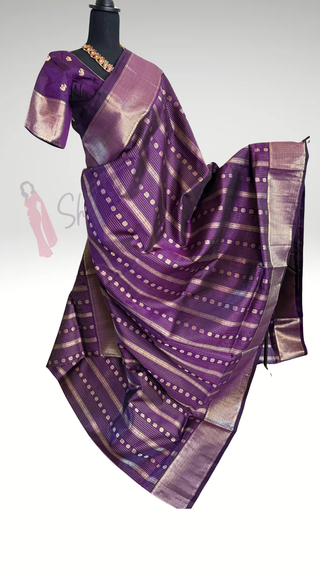 Pure Kanjivaram Handloom pure silk purple eggplant silver zari embroidered blouse  Handloom silk saree pure zari  Muhurtam Wedding Saree with ready to wear ship Blouse Online USA