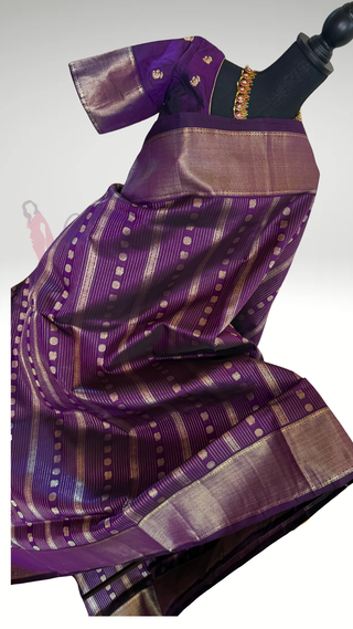 Pure Kanjivaram Handloom pure silk purple eggplant silver zari embroidered blouse  Handloom silk saree pure zari  Muhurtam Wedding Saree with ready to wear ship Blouse Online USA