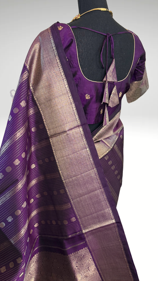 Pure Kanjivaram Handloom pure silk purple eggplant silver zari embroidered blouse  Handloom silk saree pure zari  Muhurtam Wedding Saree with ready to wear ship Blouse Online USA