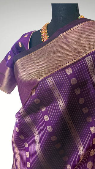 Pure Kanjivaram Handloom pure silk purple eggplant silver zari embroidered blouse  Handloom silk saree pure zari  Muhurtam Wedding Saree with ready to wear ship Blouse Online USA