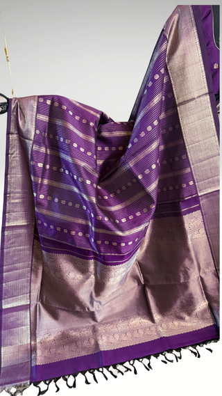 Pure Kanjivaram Handloom pure silk purple eggplant silver zari embroidered blouse  Handloom silk saree pure zari  Muhurtam Wedding Saree with ready to wear ship Blouse Online USA