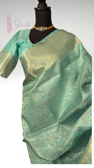 Brocade kanjivaram pastel sea green gold zari with stitched blouse traditional kanchi pattusaree saree Indian wedding