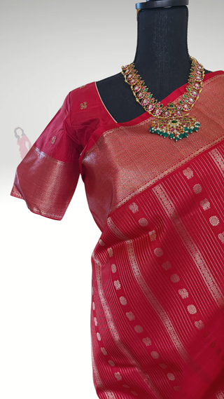 Pure Kanjivaram Red bridal Handloom pure silk silver zari embroidered blouse  Handloom silk saree pure zari  Muhurtam Wedding Saree with ready to wear ship Blouse Online USA