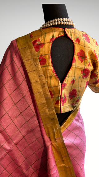 Pastel Pink pure Tussar checks gold zari silk with kalamkari hand painted silk stitched blouses Partywear Indian saree usa