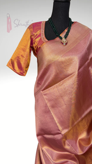 Kanjivaram rose gold silk saree bridal with prestitched hand embroidered blouse jyothika saree