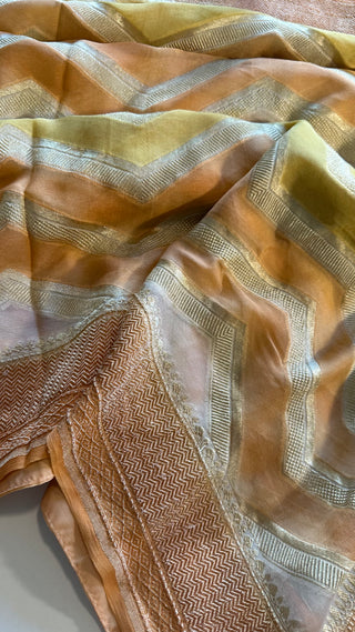 Light, flowy, and festive: Perfect bridal saree with intricate woven patterns.