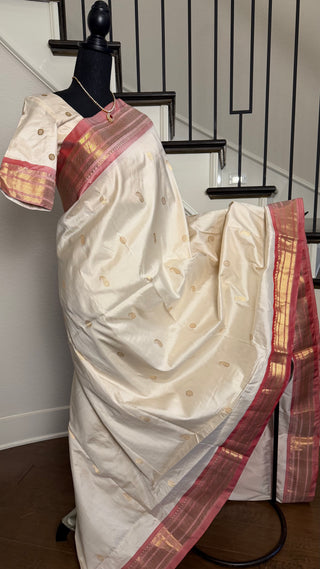 White  Paithani silk saree online usa paithani sarees usa comes with embroidered stitched blouse (Copy)
