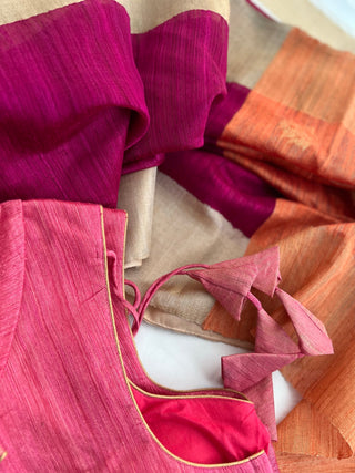 Pure pink Linen saree with stitched  blouse online usa sale latest linen lightweight partywear zari borders