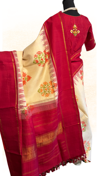 Indian wedding ven pattu Kanjivaram saree with hand block printed motifs