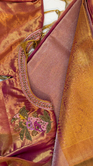 Celebrity inspired rose gold Kanjivaram saree with fine weave zari and stitched handwork blouse.