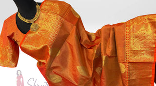 Traditional red tissue handloom Kanjivaram kalyana pattu saree with stitched blouse size 36-44 for muhurtam and pooja wear, ships free across USA.