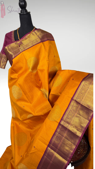 Yellow maroon Kanjivaram handloom silk saree with pure zari heavy pallu and stitched blouse for kalyana pattu USA.