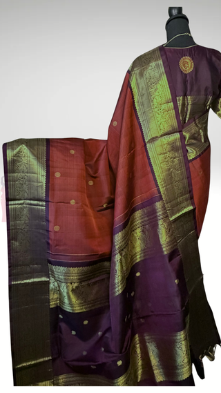 Handloom Kanjivaram bridal saree rust brown color with rich zari work and stitched blouse