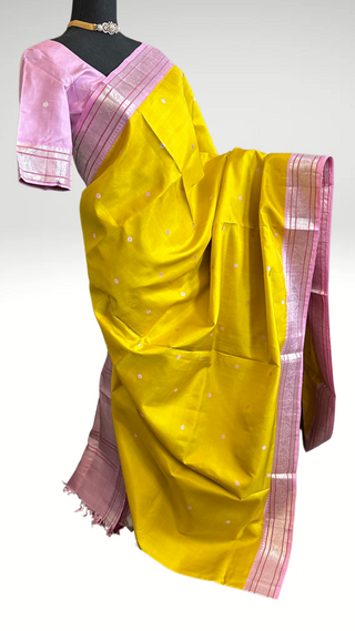 Pure Kanjivaram silk saree in yellow to pastel pink with silver zari detailing and prestitched blouse, available for USA online shopping.