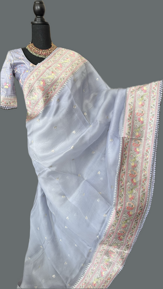 lavender organza silk saree silver border stitched blouse elegant partywear