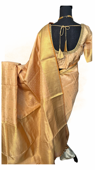 Beige traditional kanjivaram pattu saree with prestitched blouse