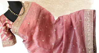Partywear pastel peach tissue silk saree easy to drape and shine beautifully
