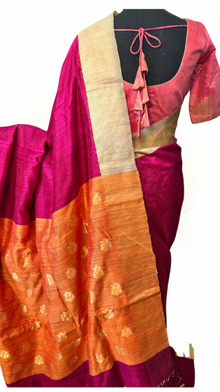 Handloom linen saree pink color with back open stitched blouse