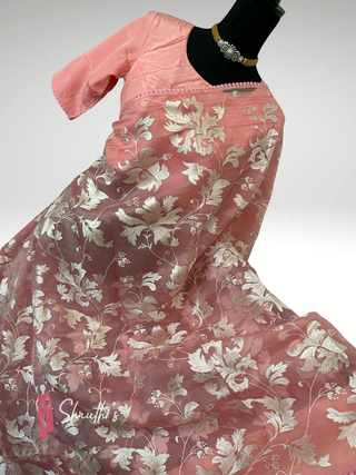 Lightweight pastel pink organza saree with silver embroidery ready to wear USA.